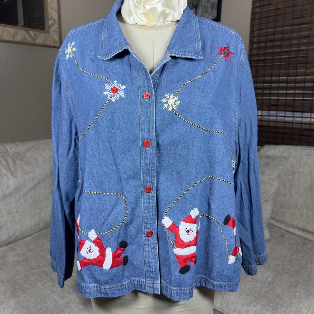 VTG Carolina Blues Christmas Denim Shirt Womens 26/28 Santa Snowflake Holiday